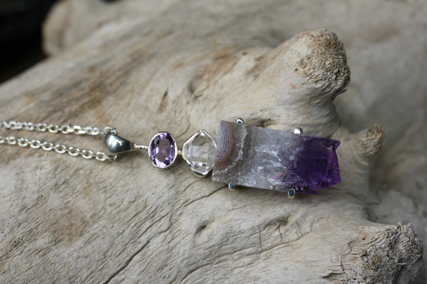 Amethyst Slice Herkimer Diamond Pendant