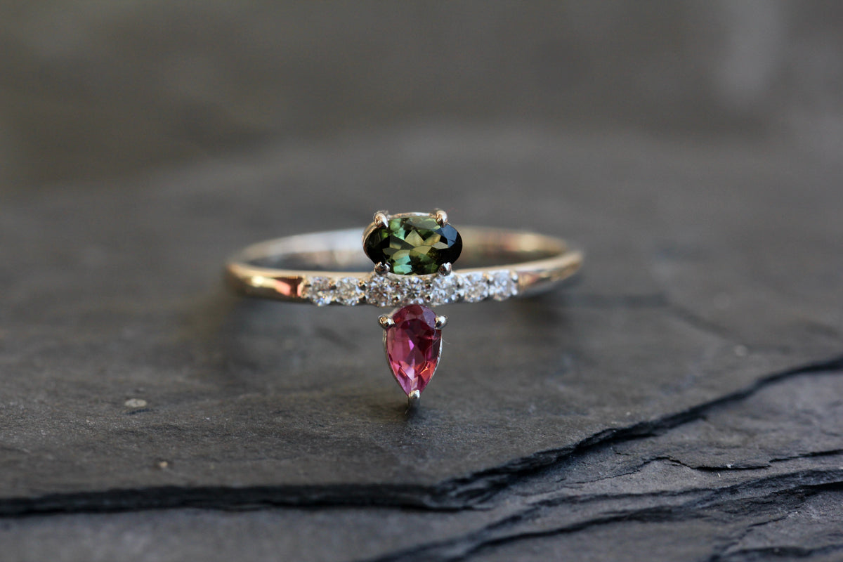 Pink and Green Tourmaline Moissanite Ring