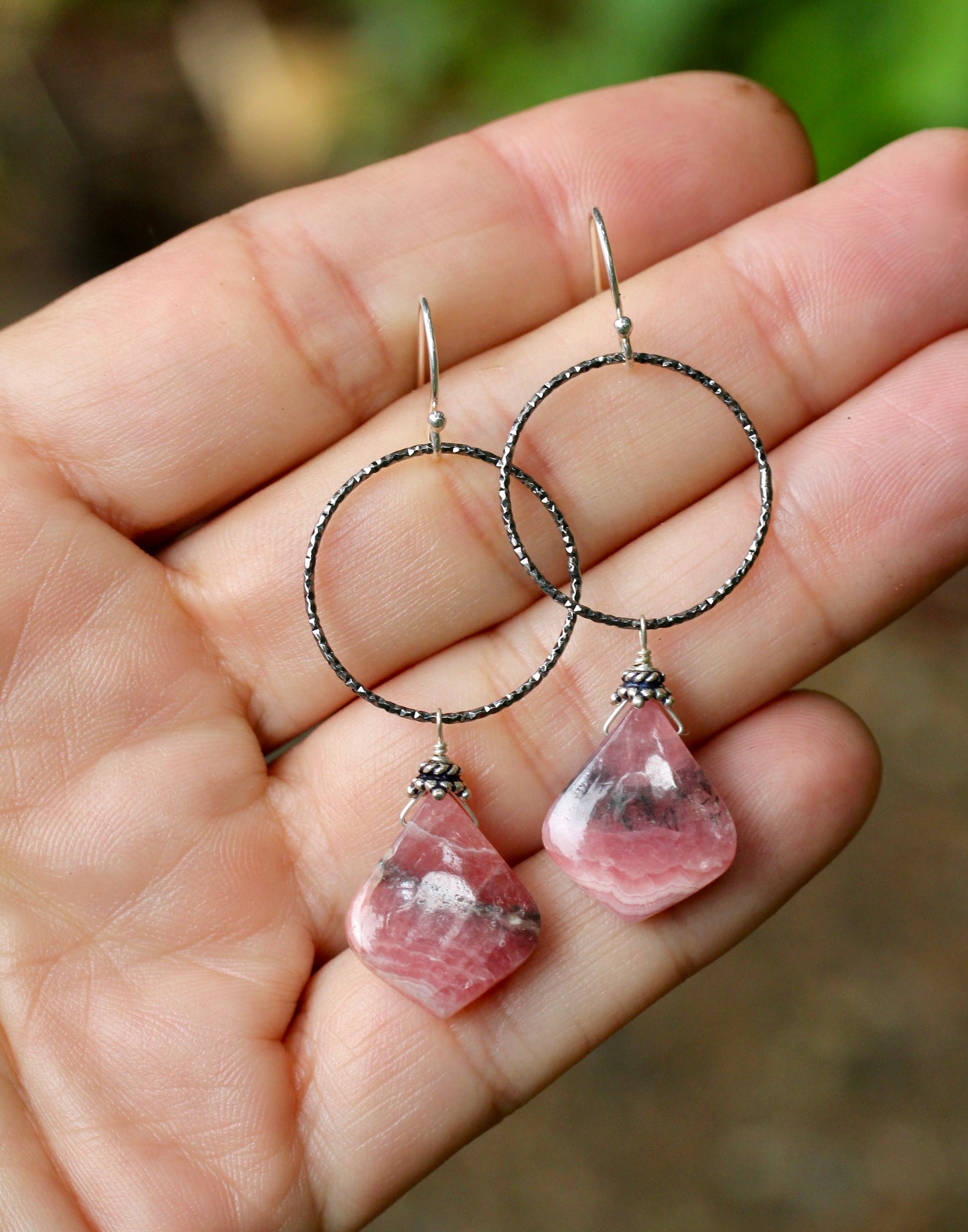 Rhodochrosite Oxidized Silver Hoop Drop Earrings