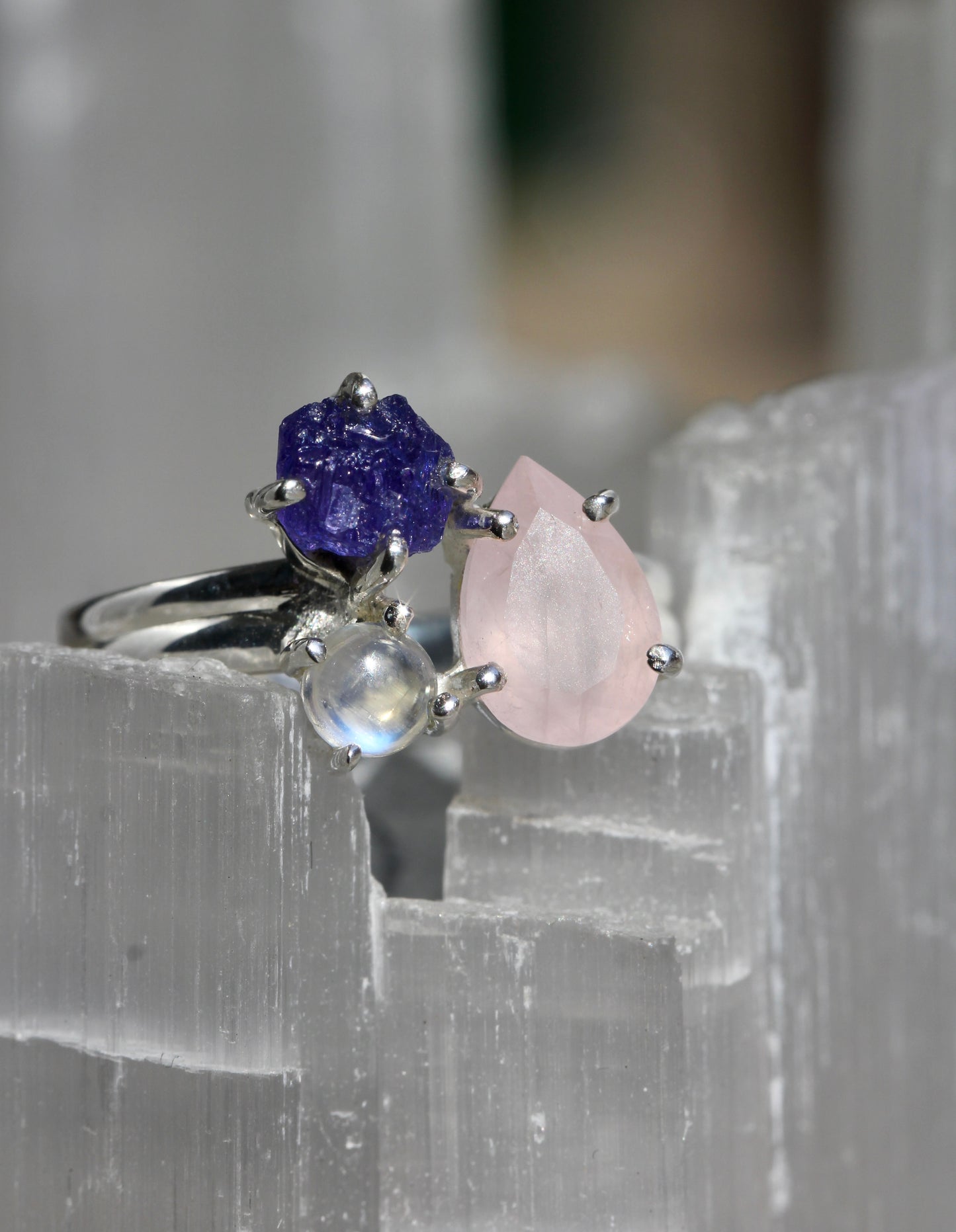 Rose Quartz Tanzanite Rainbow Moonstone Ring