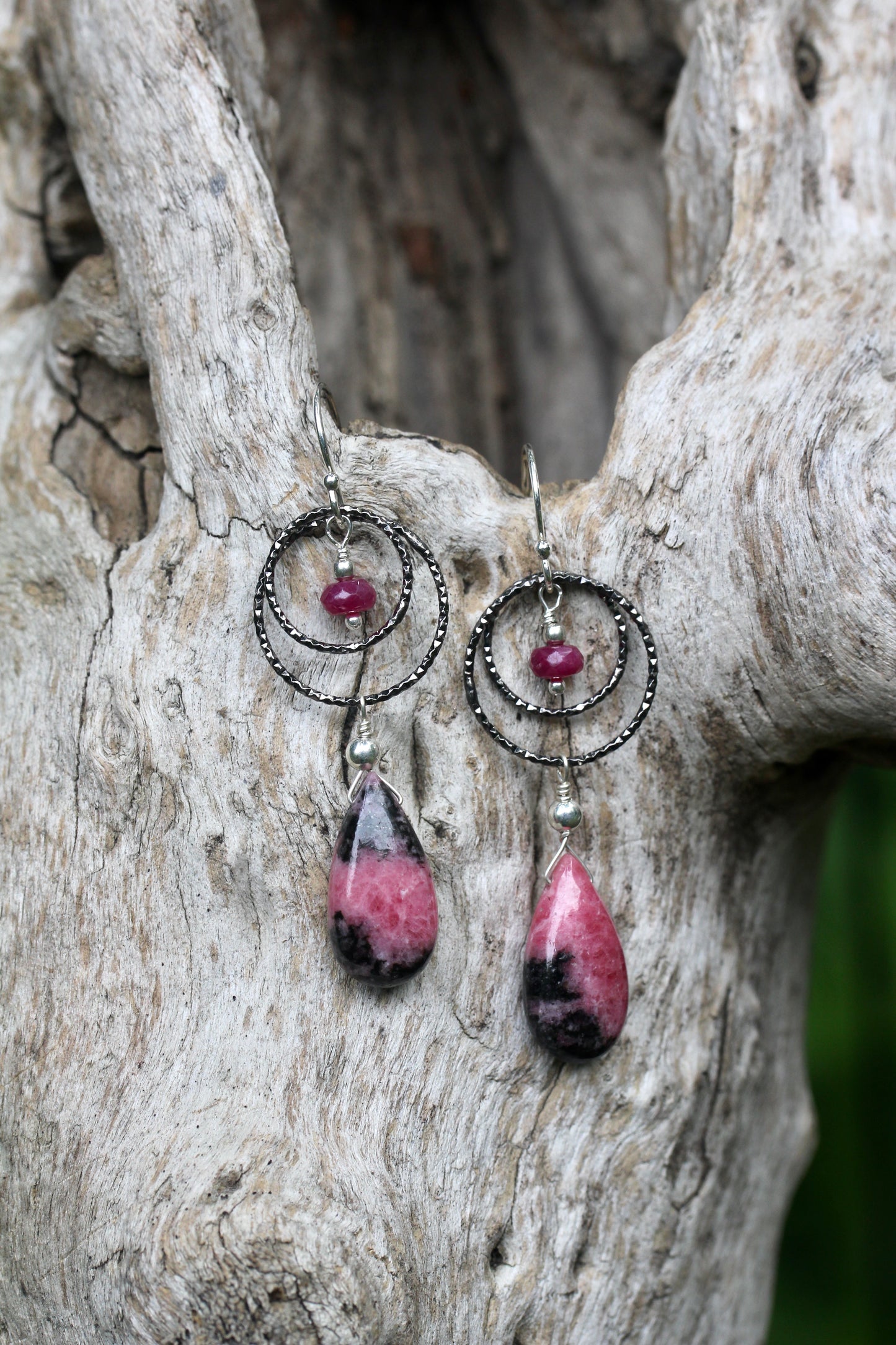 Rhodonite Ruby Oxidized Silver Double Ring Drop Earrings