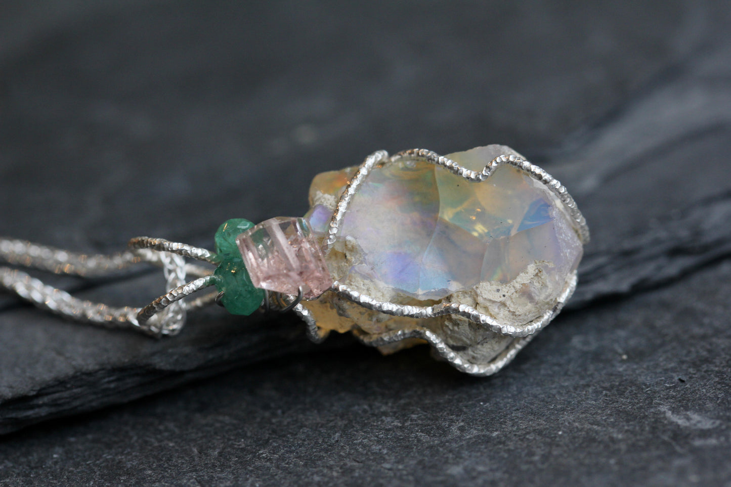 Rough Opal Tourmaline Emerald Pendant
