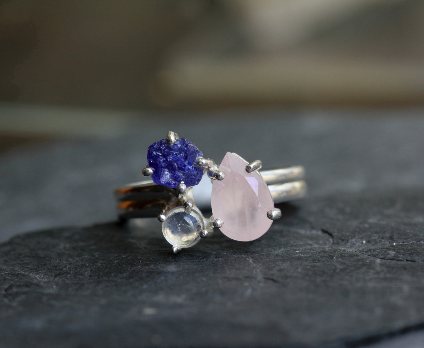 Rose Quartz Tanzanite Rainbow Moonstone Ring