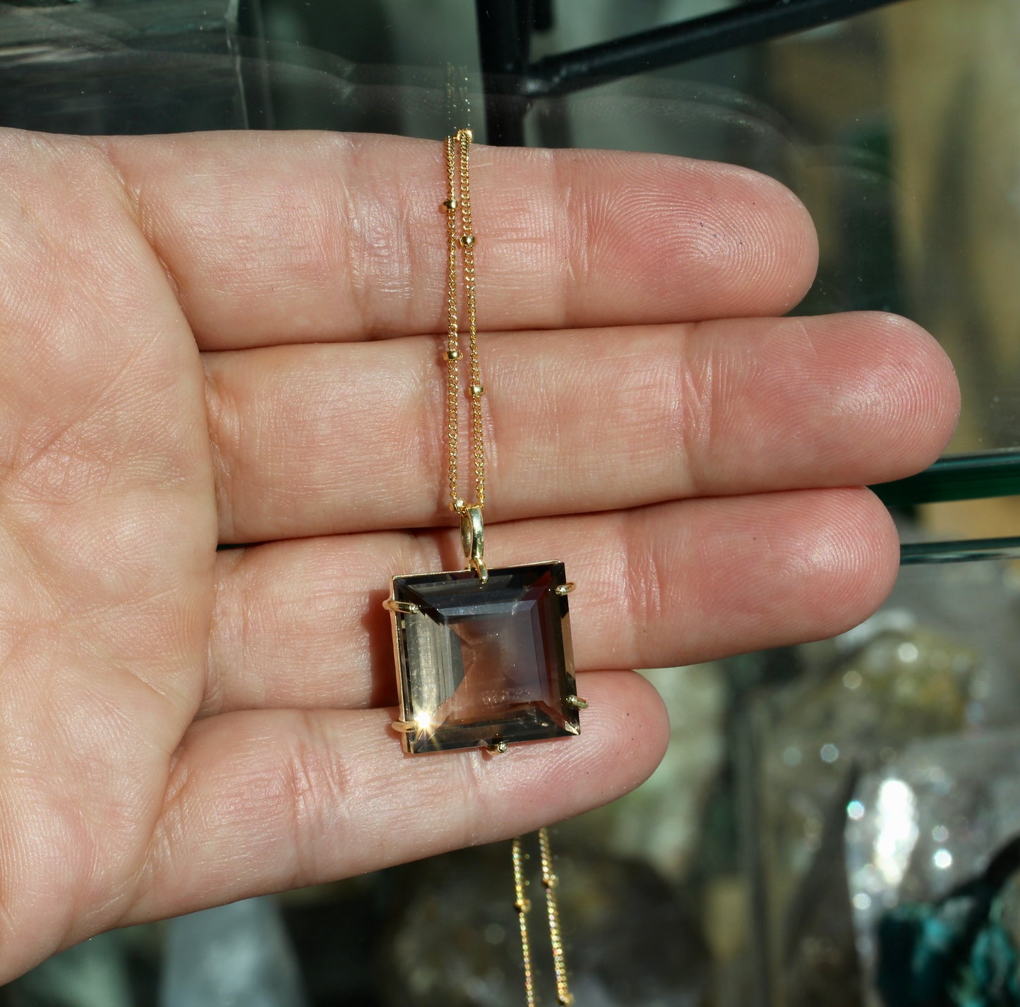 Smokey Quartz Princess Cut Gold Necklace