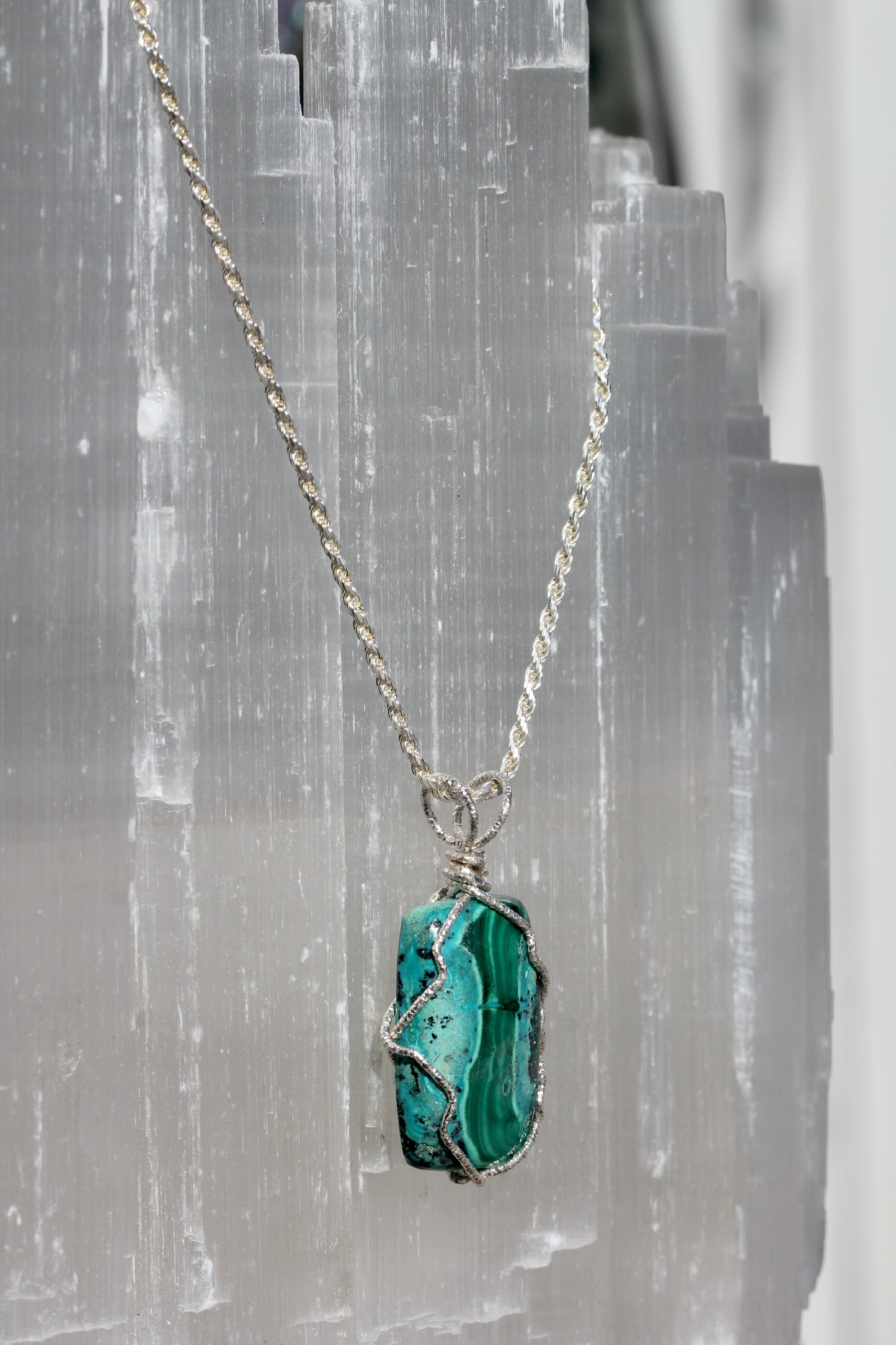 Chrysocolla Malachite Silver Wrap Pendant