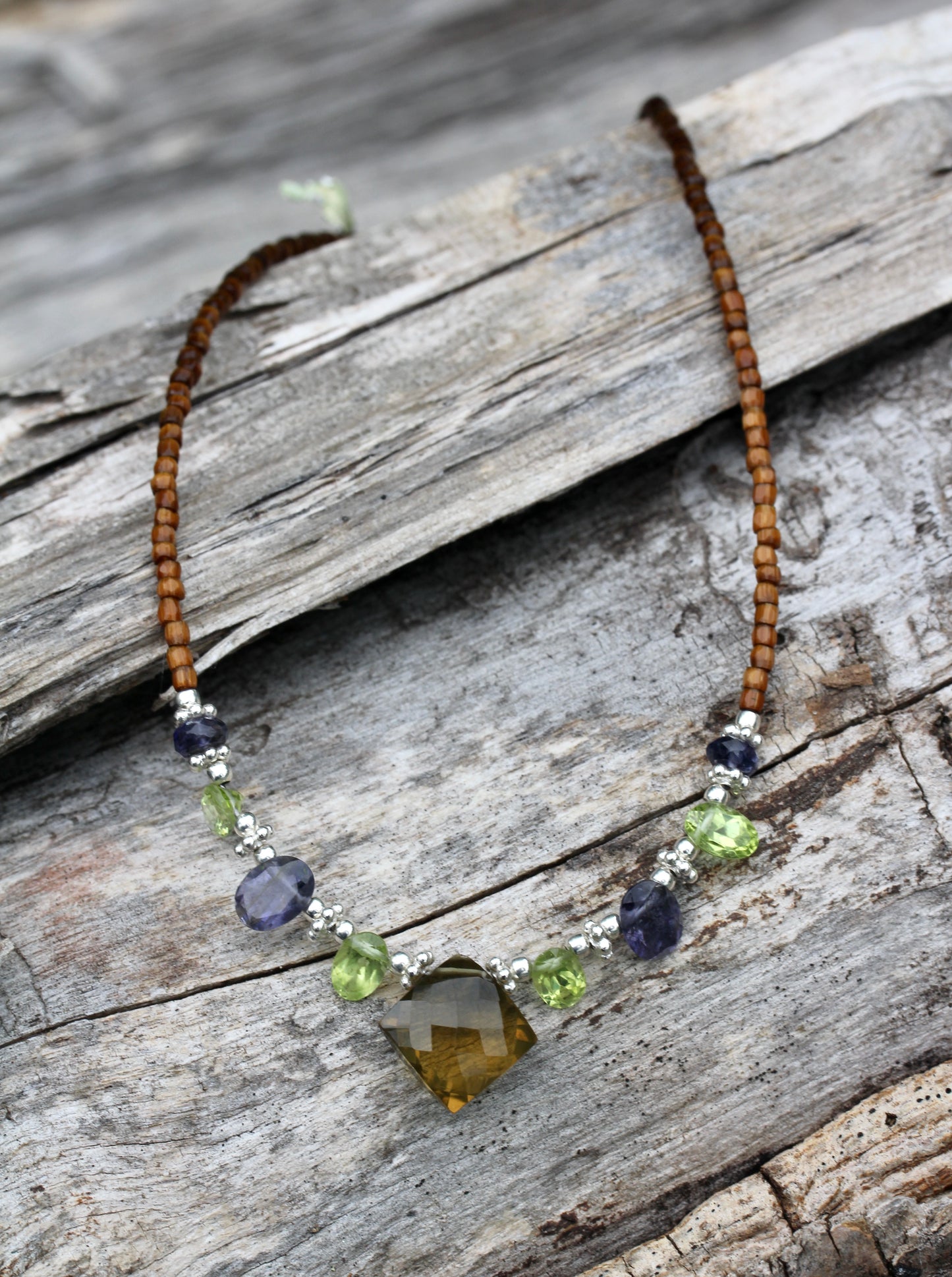 Beer Quartz Peridot Iolite Beaded Necklace