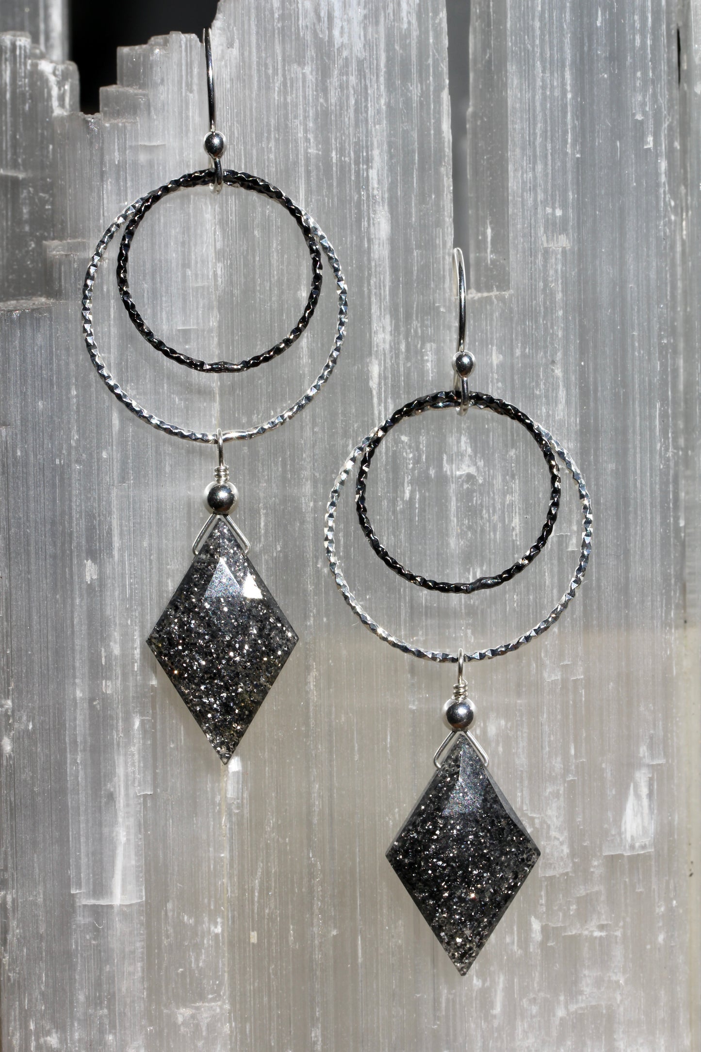 Black Sunstone Diamond Cut Double Ring Drop Earrings