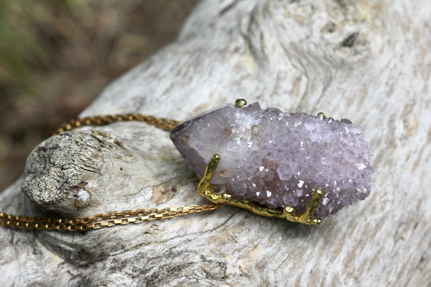 Cactus Amethyst Crystal Brass Necklace