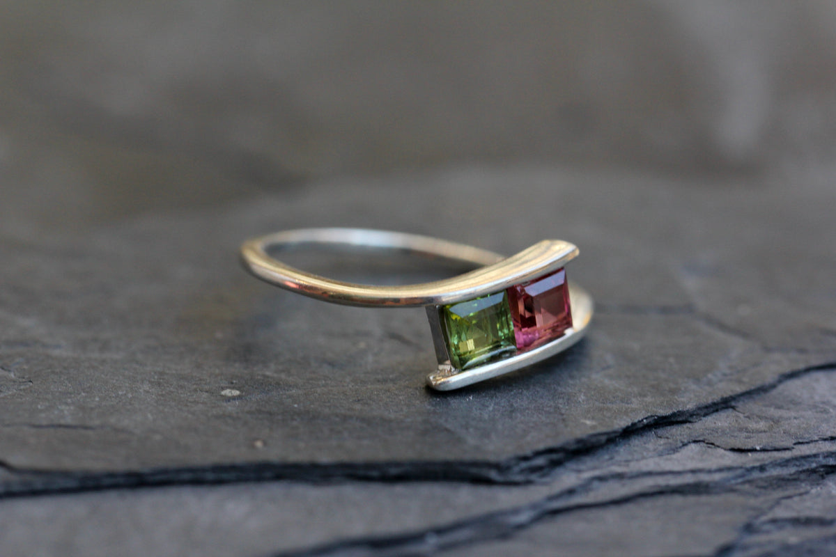 Pink and Green Tourmaline Princess Cut Ring