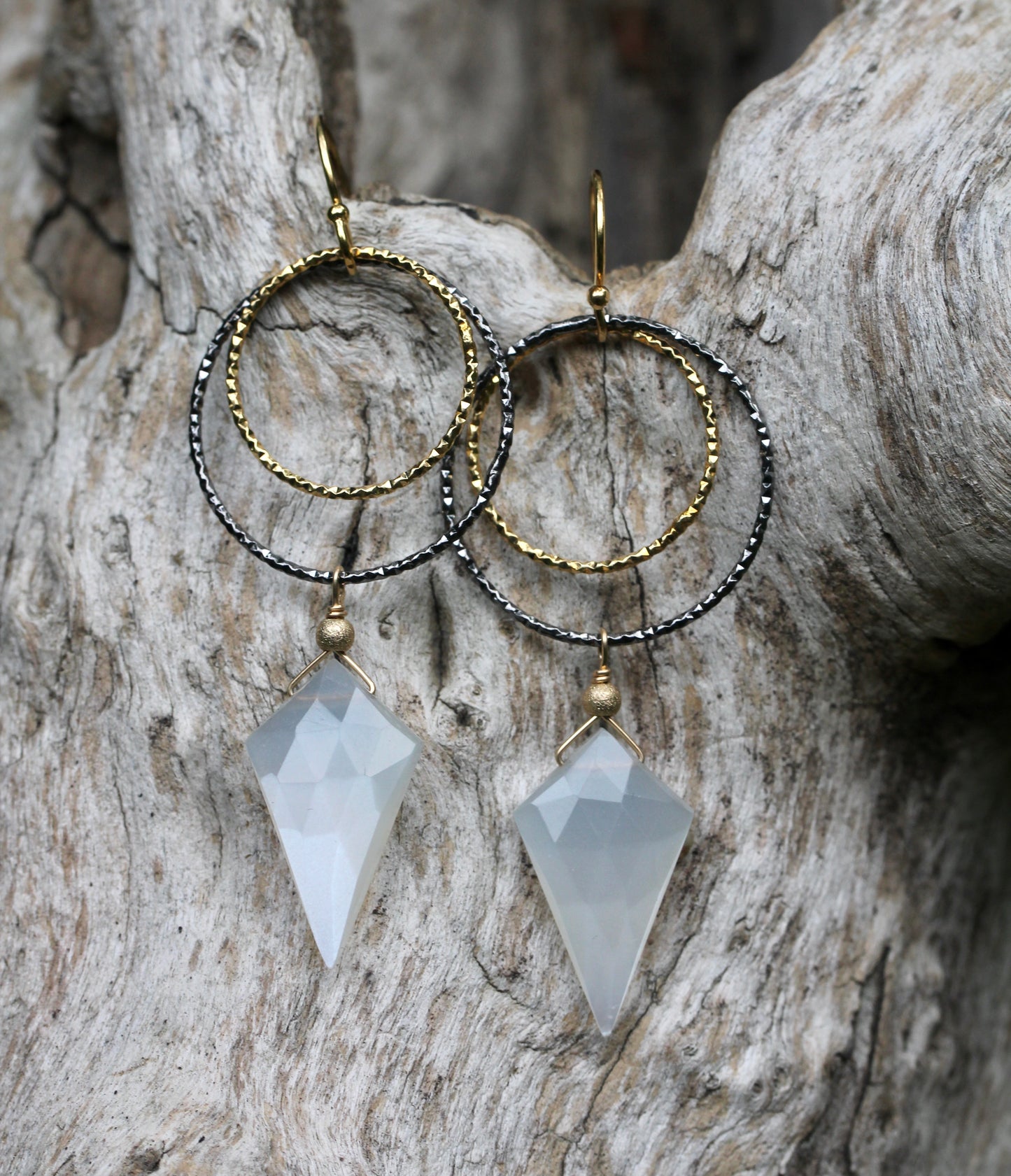 Moonstone Black and Gold Double Ring Drop Earrings
