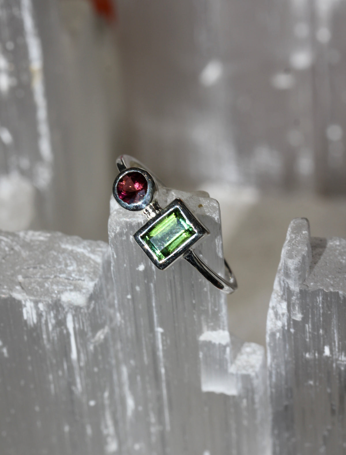 Pink and Green Tourmaline Silver Ring