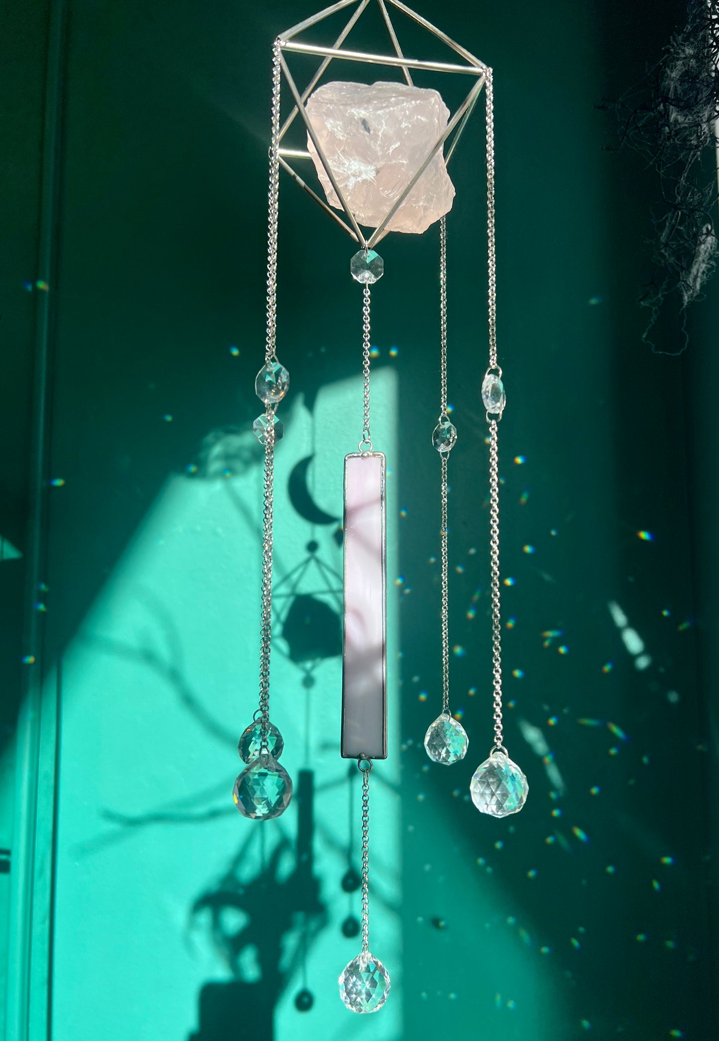 Rose Quartz Preciosa Crystal Moon Sun Catcher Chandelier