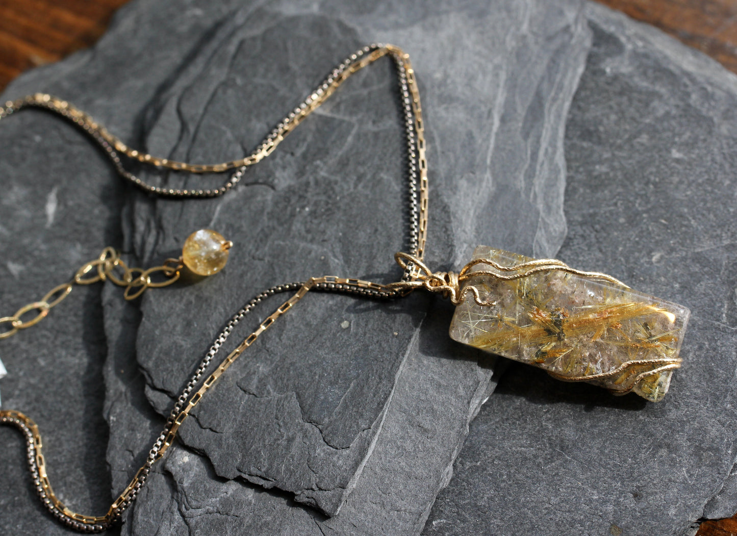 Rutilated Quartz Tile Gold Wrap Necklace