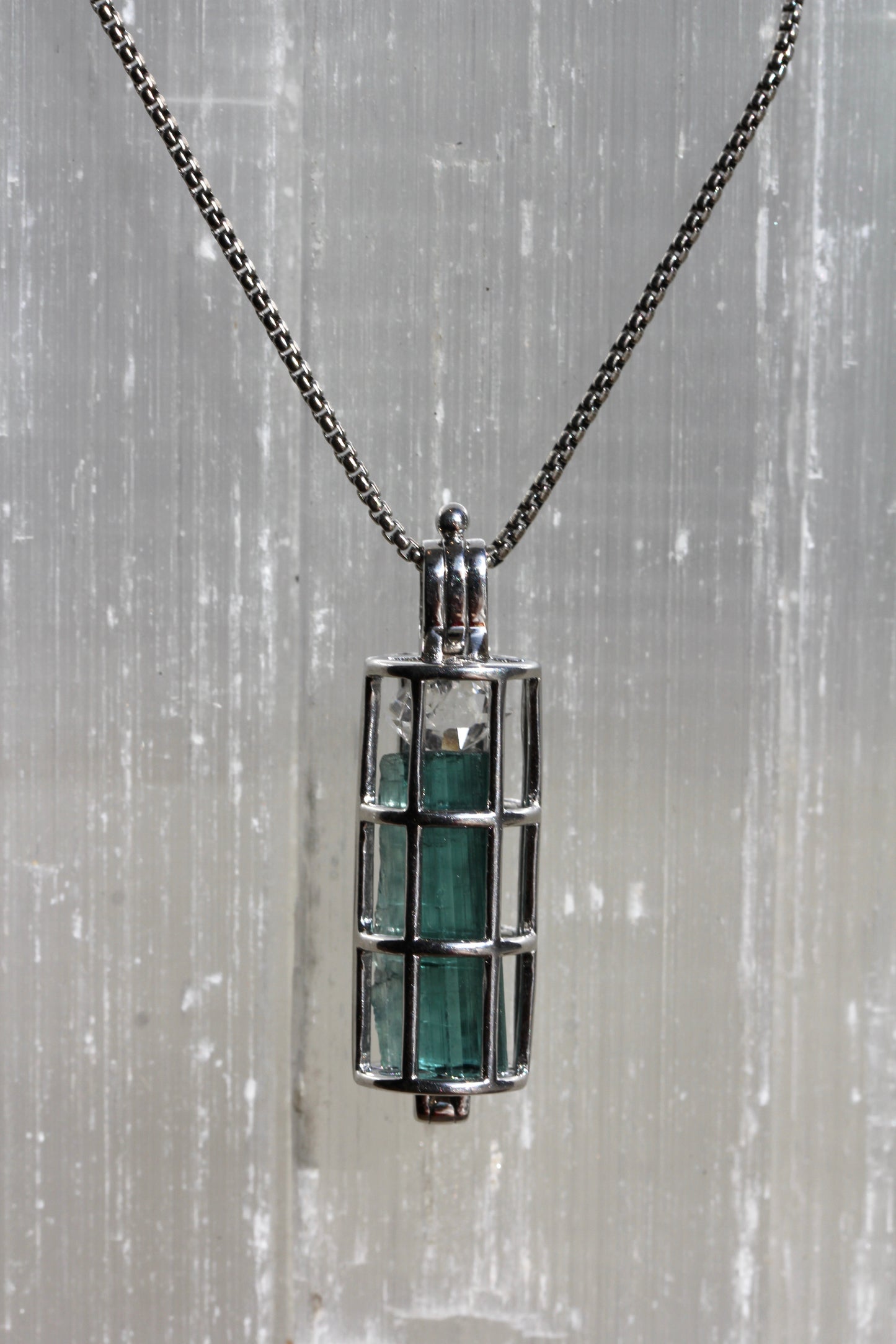 Indicolite Tourmaline Herkimer Diamond Cage Necklace