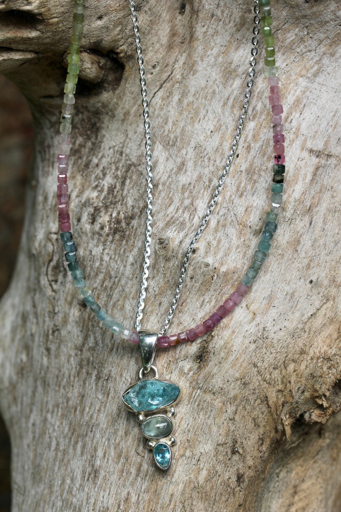 Blue Apatite Tourmaline Multi Strand Necklace