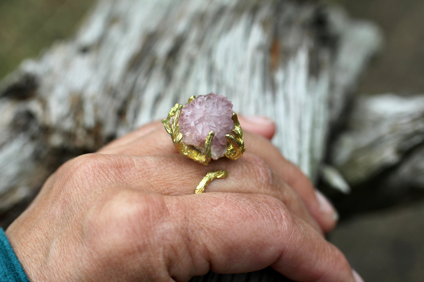 Pink Amethyst Crystal Cluster Branch Ring