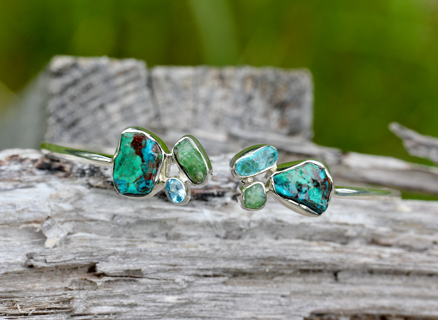 Chrysocolla, Emerald, Blue Topaz, Apatite Silver Flex Bracelet