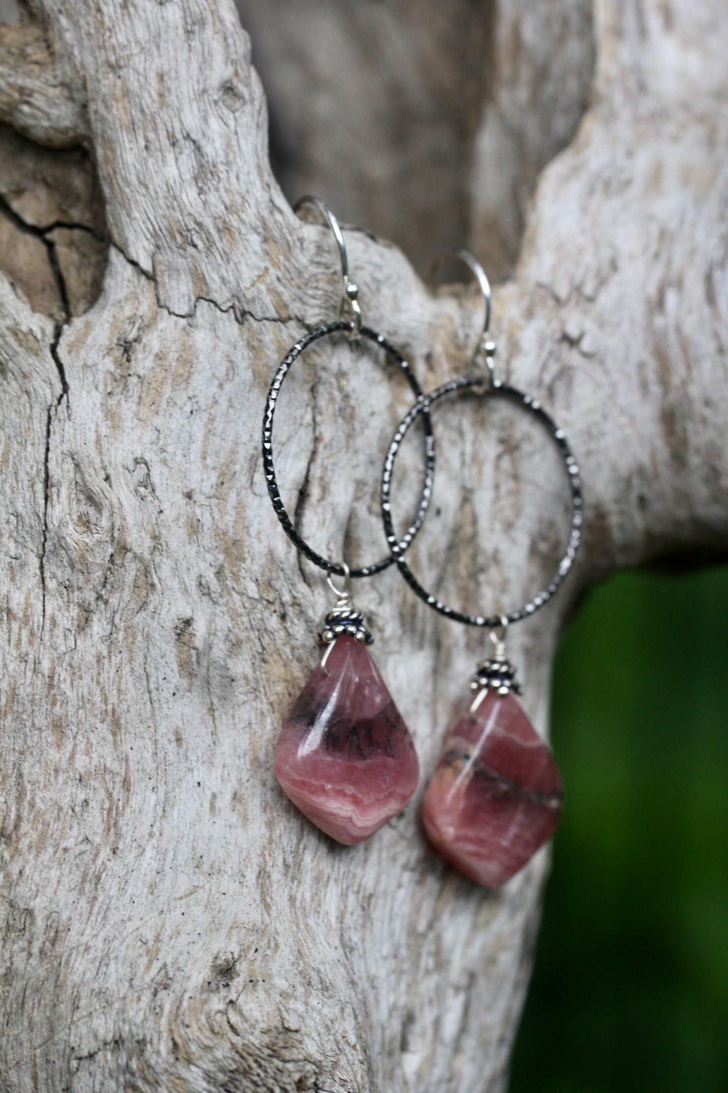 Rhodochrosite Oxidized Silver Hoop Drop Earrings