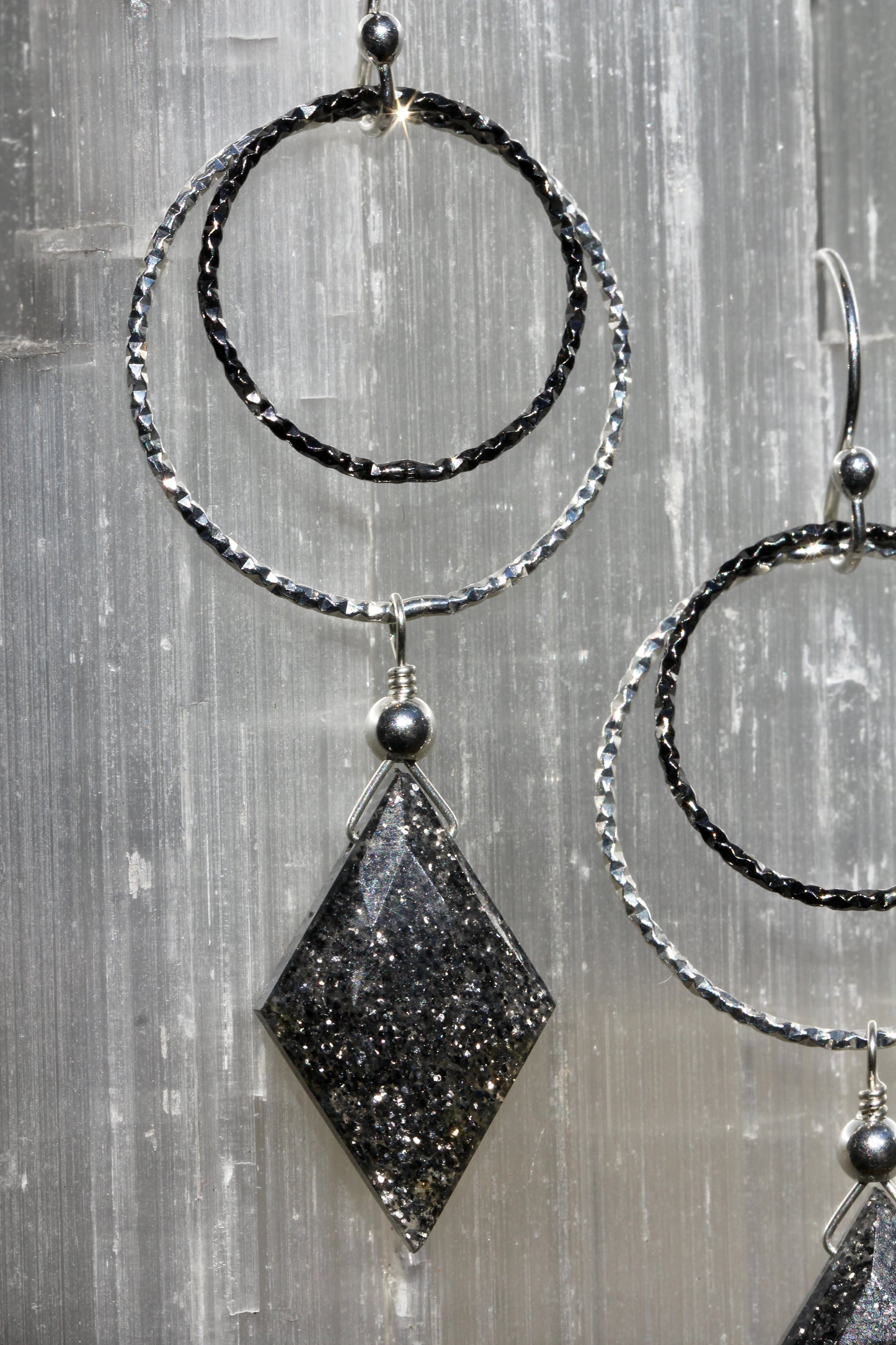 Black Sunstone Diamond Cut Double Ring Drop Earrings