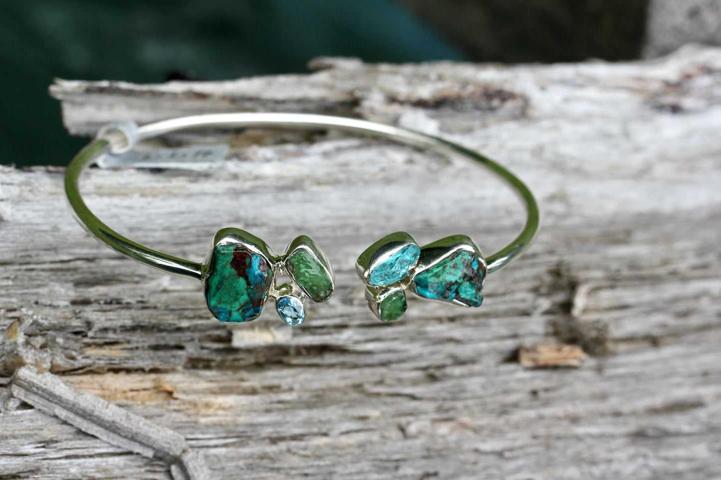 Chrysocolla, Emerald, Blue Topaz, Apatite Silver Flex Bracelet