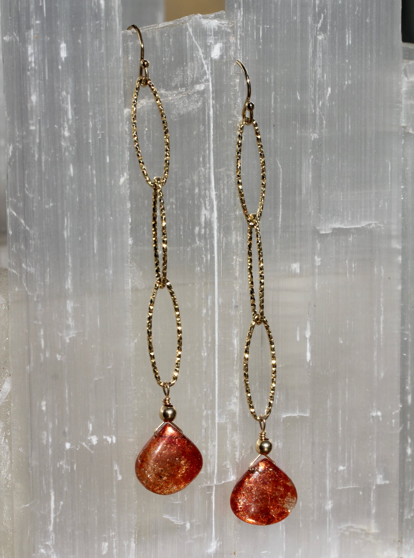 Sunstone Long Sparkle Chain Drop Earrings in Gold