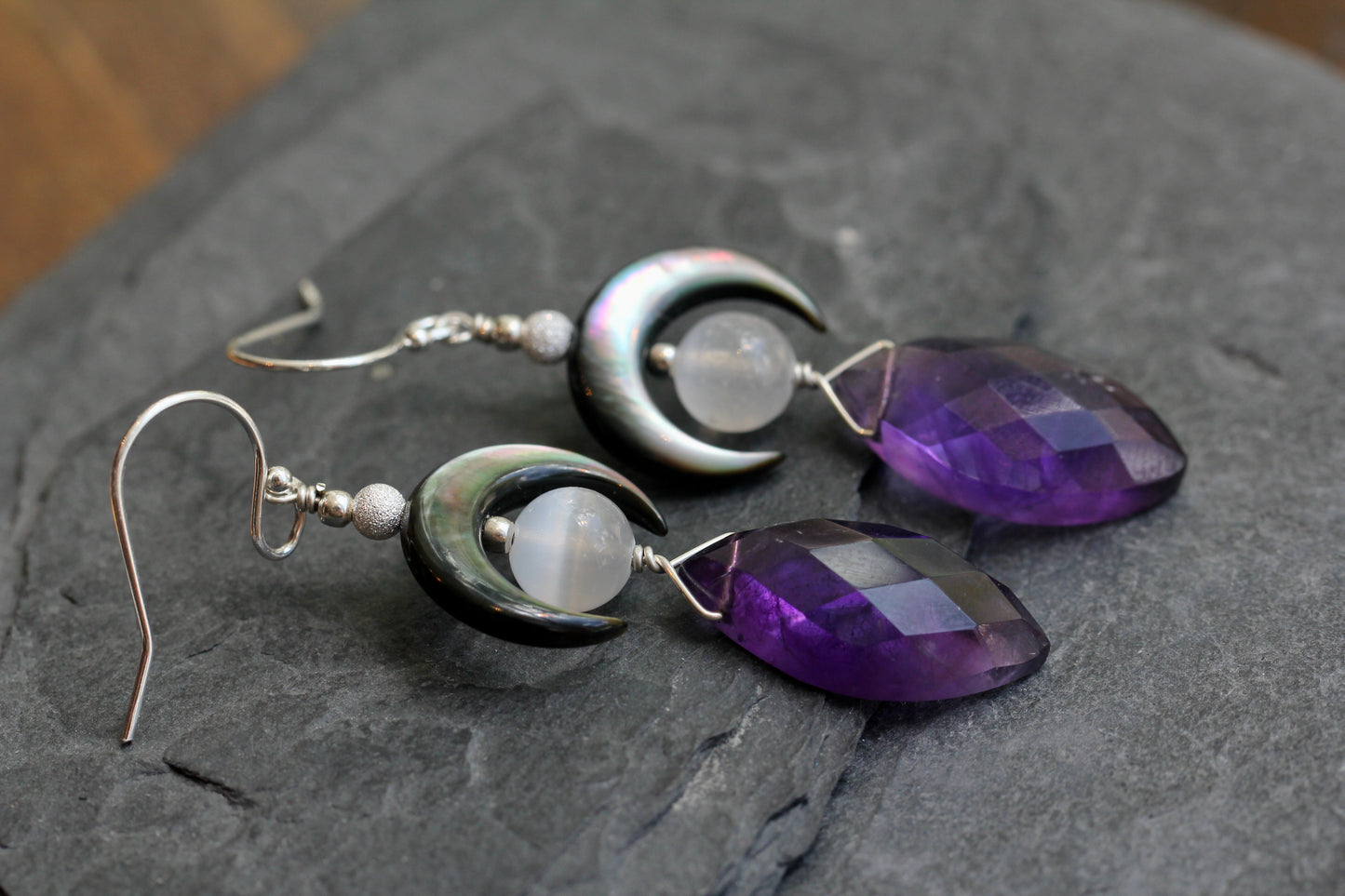 Amethyst Black Mother of Pearl Selenite Crescent Moon Earrings