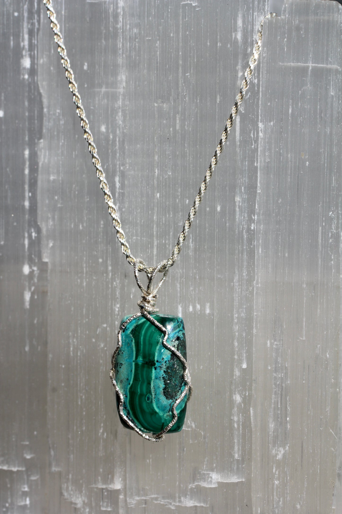 Chrysocolla Malachite Silver Wrap Pendant