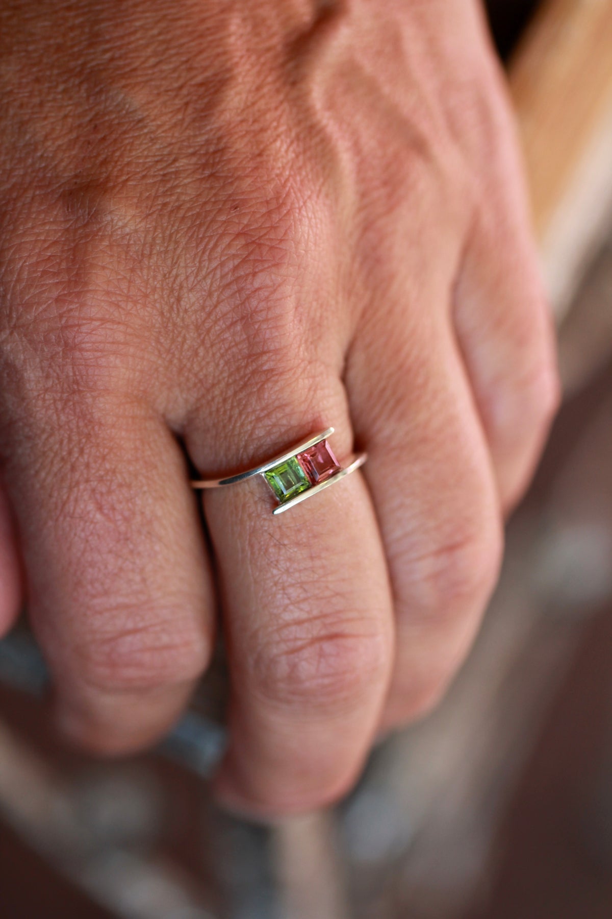Pink and Green Tourmaline Princess Cut Ring