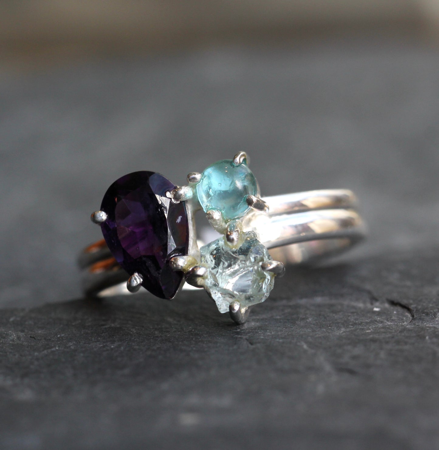 Amethyst Aquamarine Blue Apatite Ring