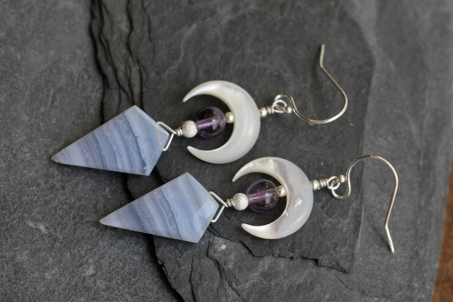 Blue Lace Agate Mother of Pearl Amethyst Crescent Moon Earrings