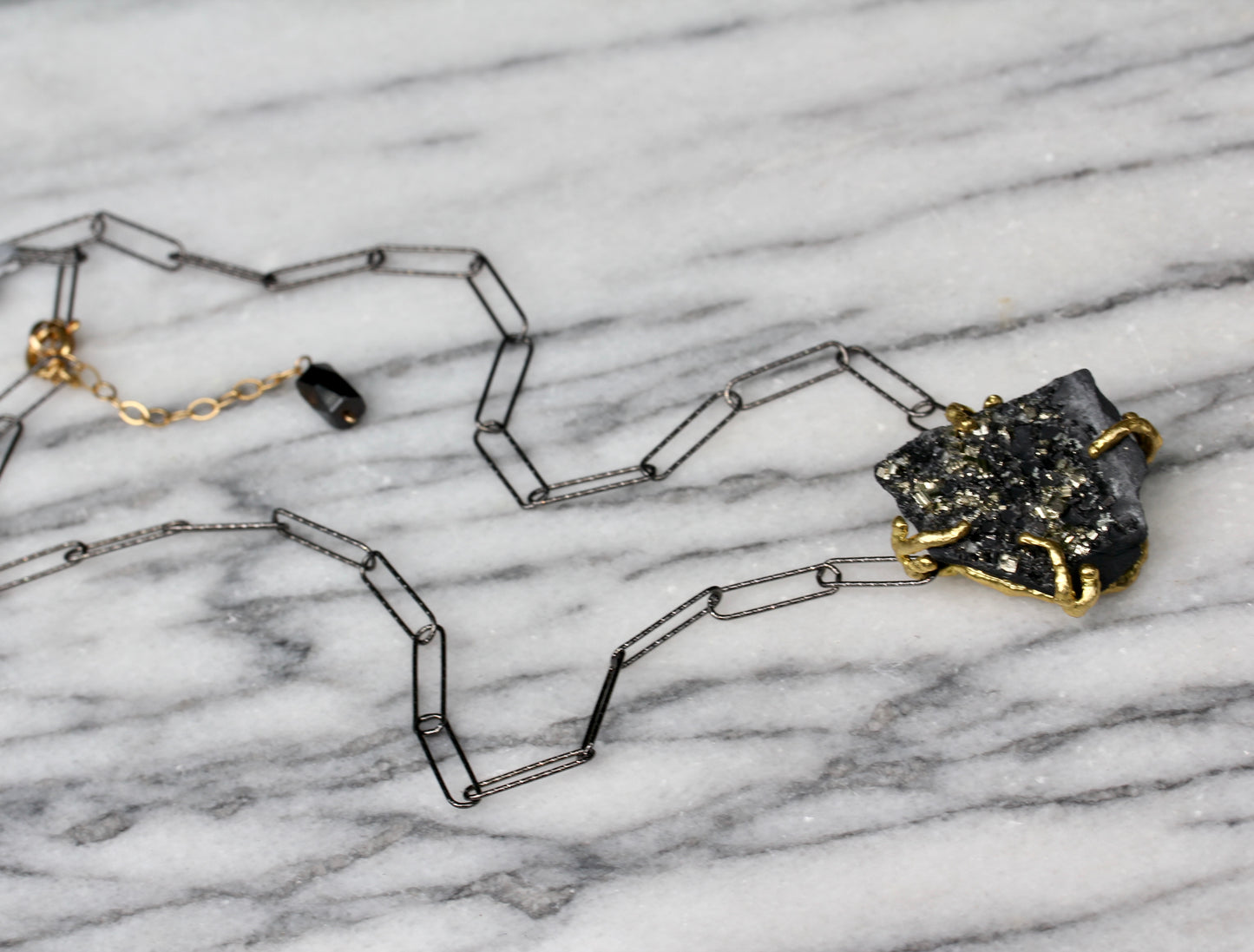 Pyrite in Basalt Black Paperclip Chain Necklace
