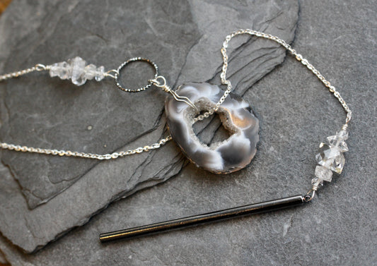 Agate Herkimer Diamond Silver Toggle Necklace