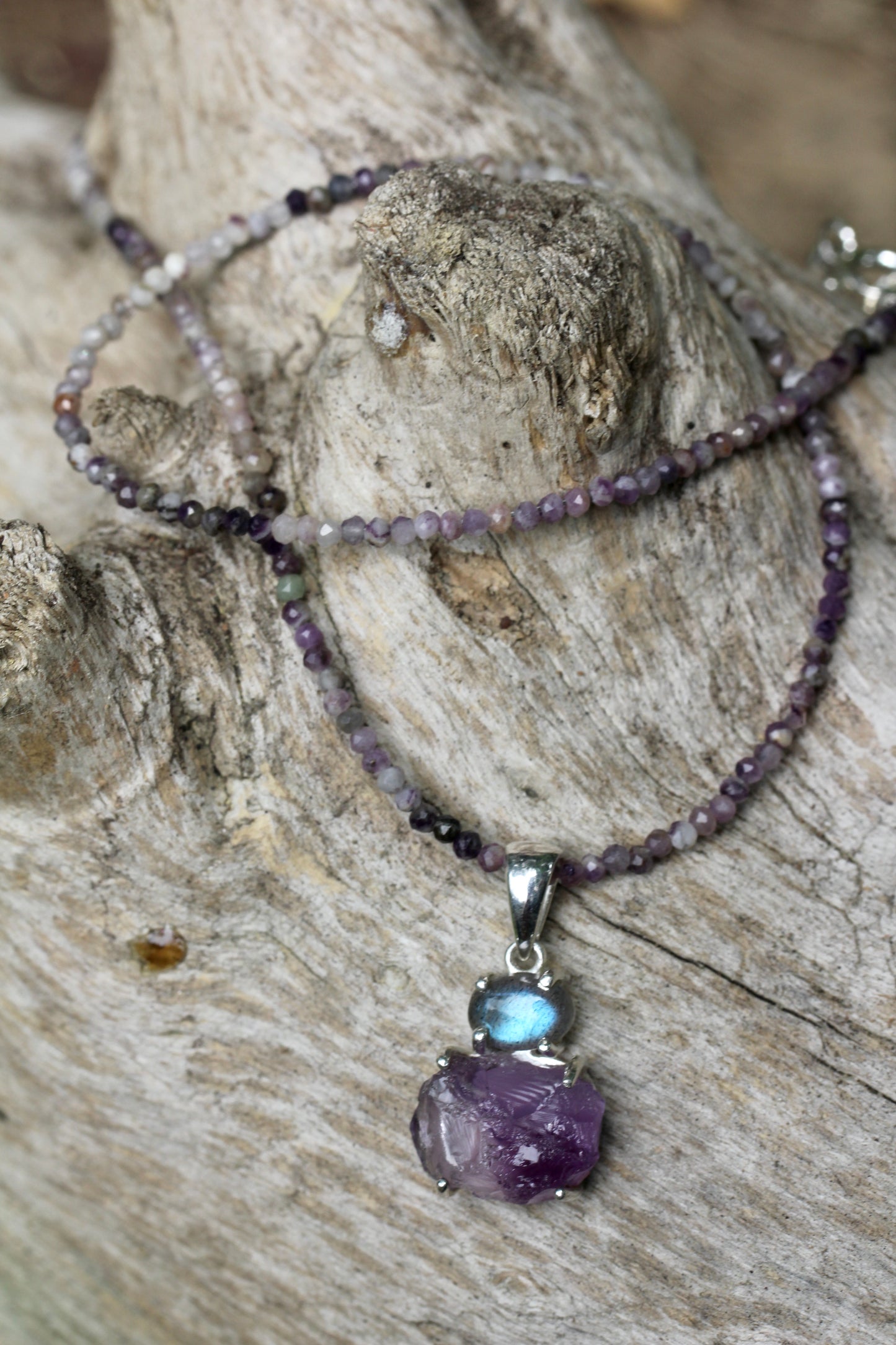 Rough Amethyst Labradorite Charoite Beaded Necklace