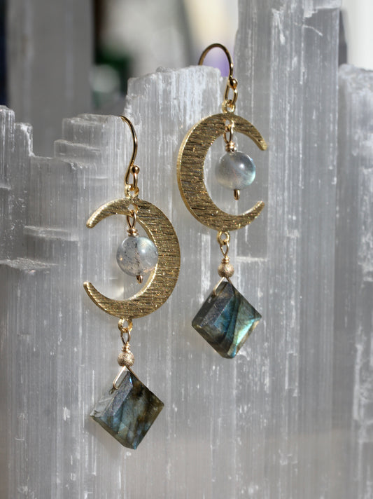 Labradorite Brass Moon Earrings