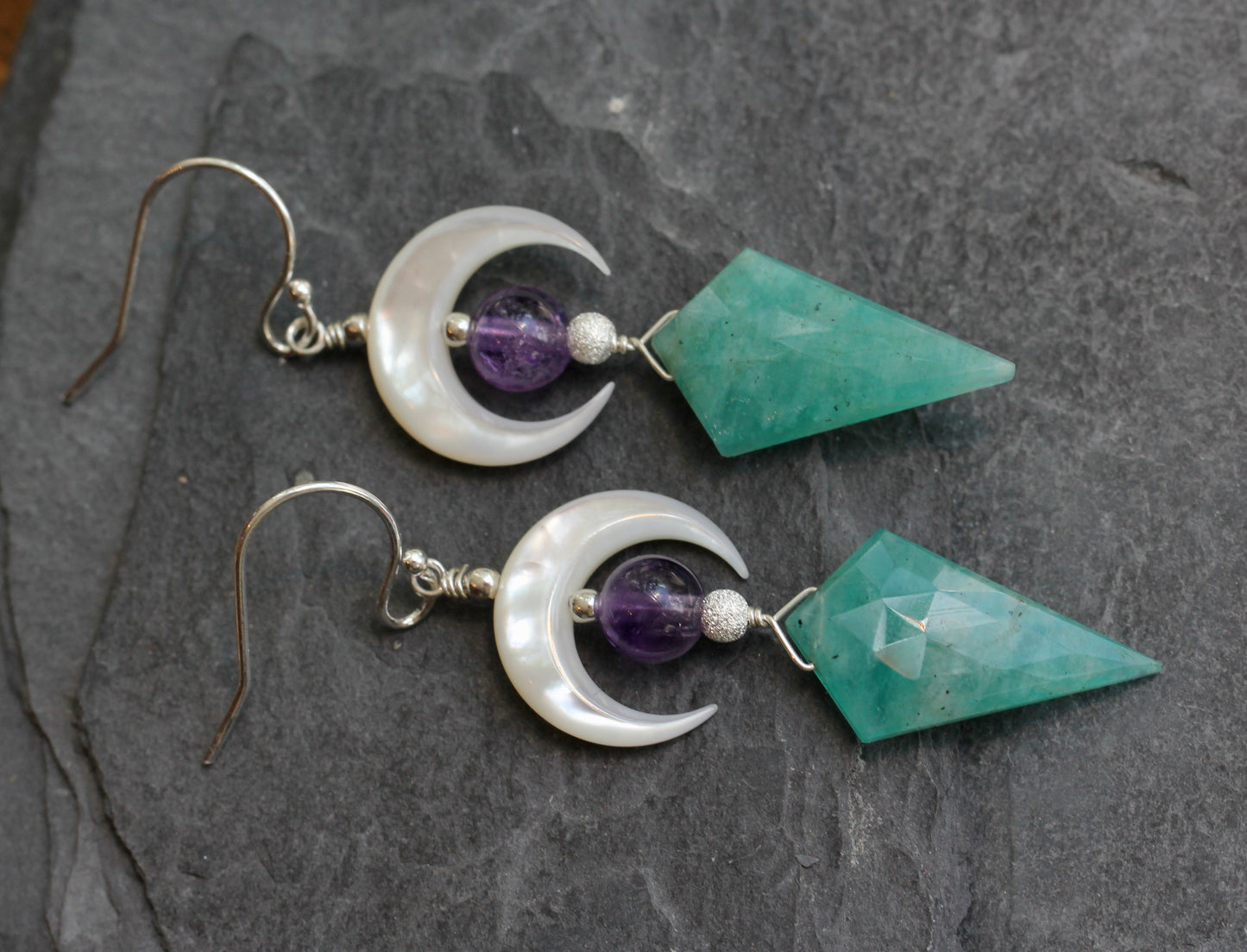 Amazonite Amethyst Mother of Pearl Moon Earrings