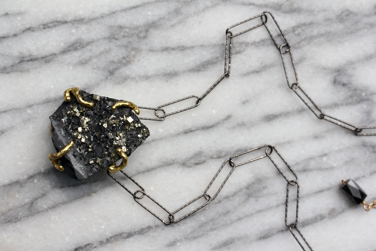 Pyrite in Basalt Black Paperclip Chain Necklace