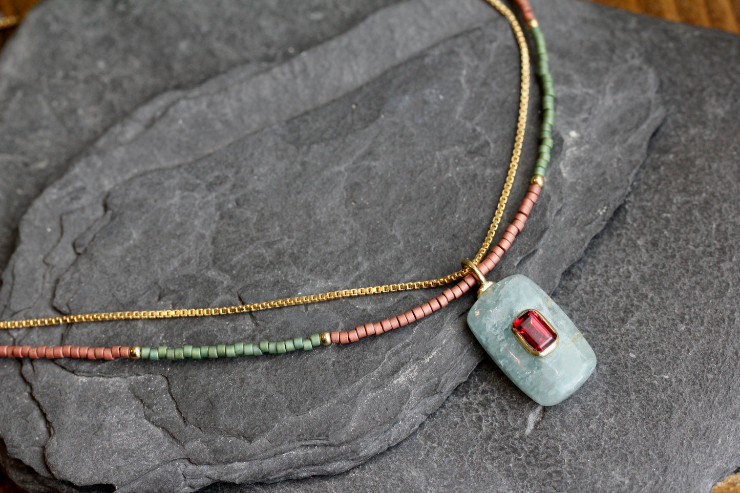 Aquamarine Garnet Beaded Gold Necklace