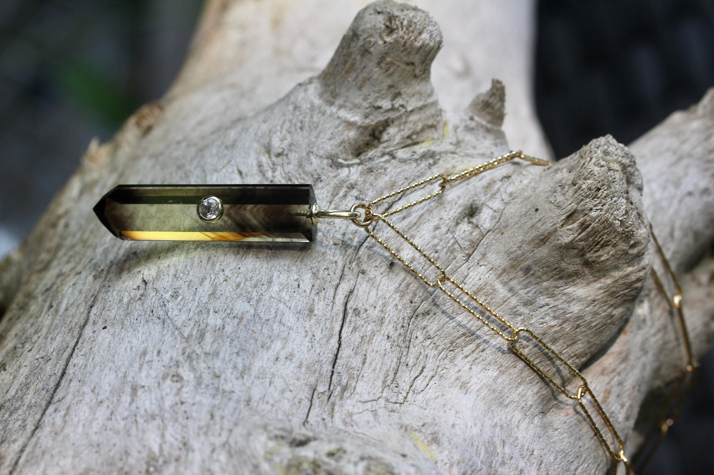 Bi Colored Smokey Quartz Crystal Gold Necklace