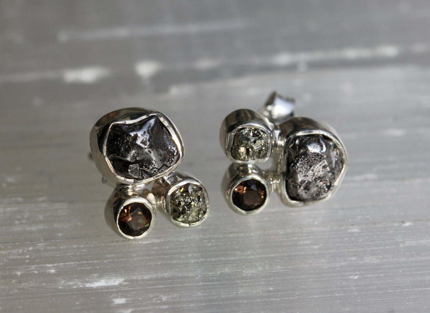 Meteortie Pyrite Smokey Stone Cluster Post Earrings