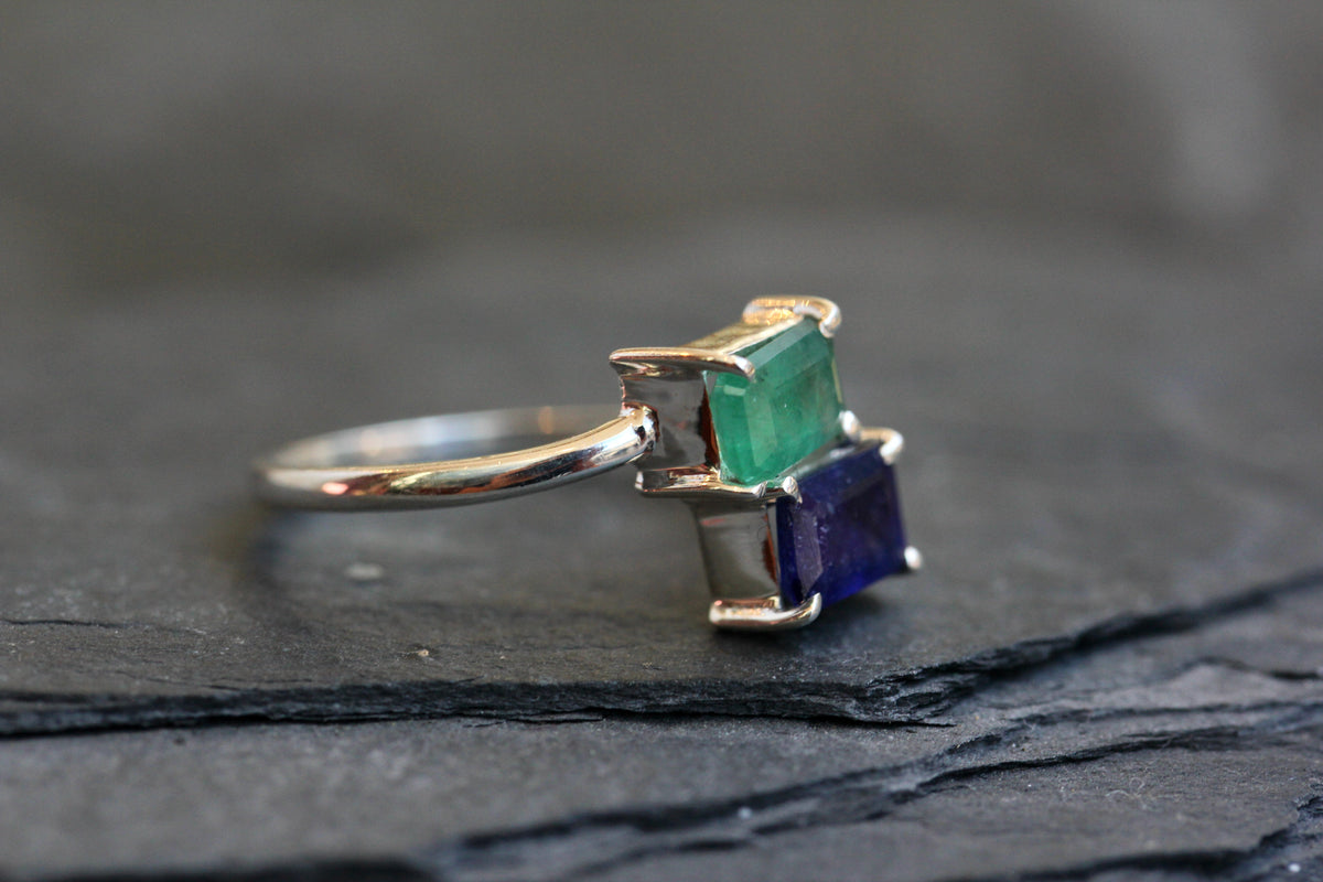 Sapphire Emerald Silver Ring