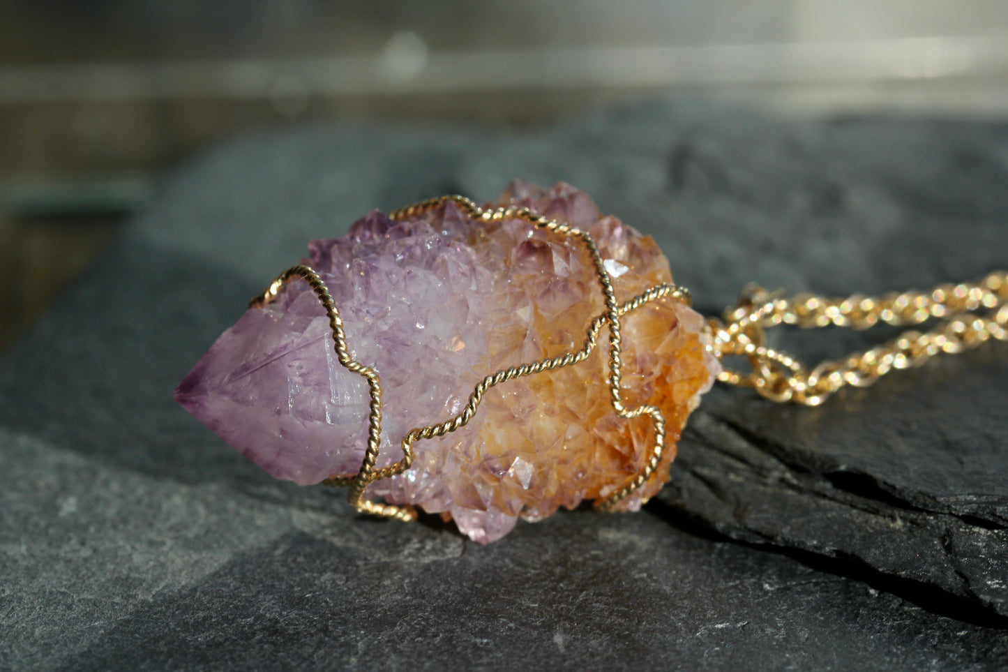 Cactus Amethyst Gold Crystal Necklace