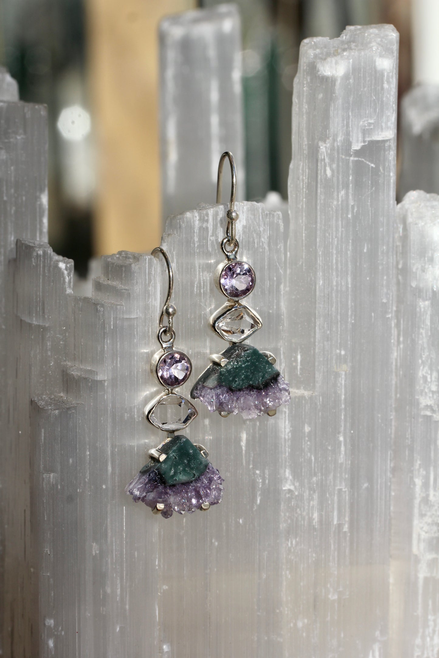 Amethyst Slice Herkimer Diamond Earrings