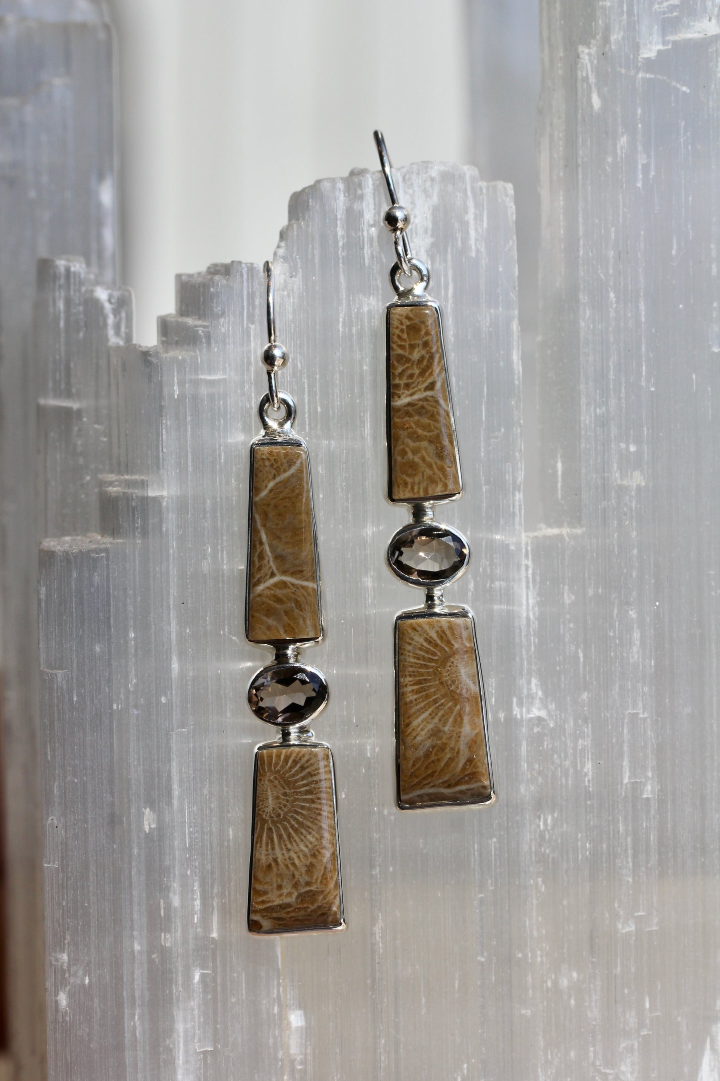 Fossil Coral Smokey Quartz Earrings