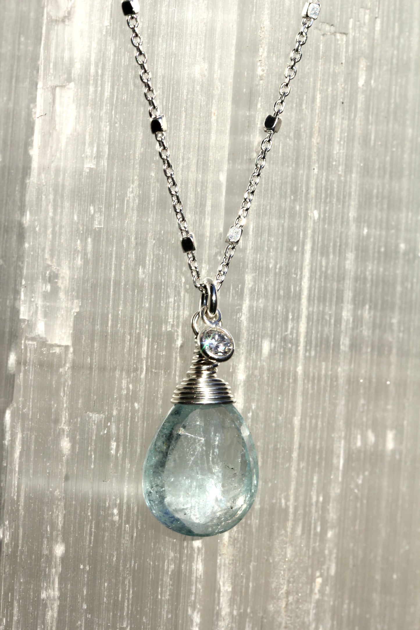 Aquamarine CZ Silver Teardrop Necklace