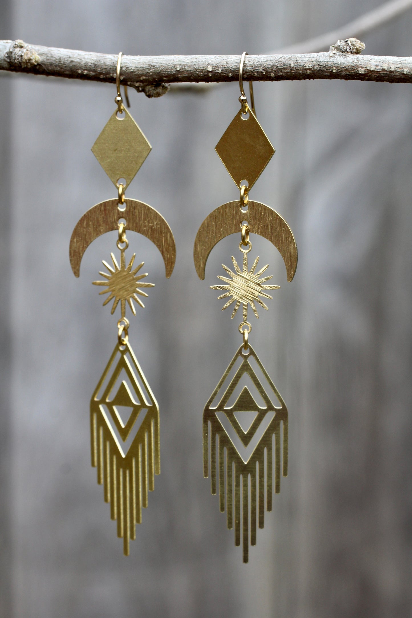 Brass Moon Sun Fringe Earrings