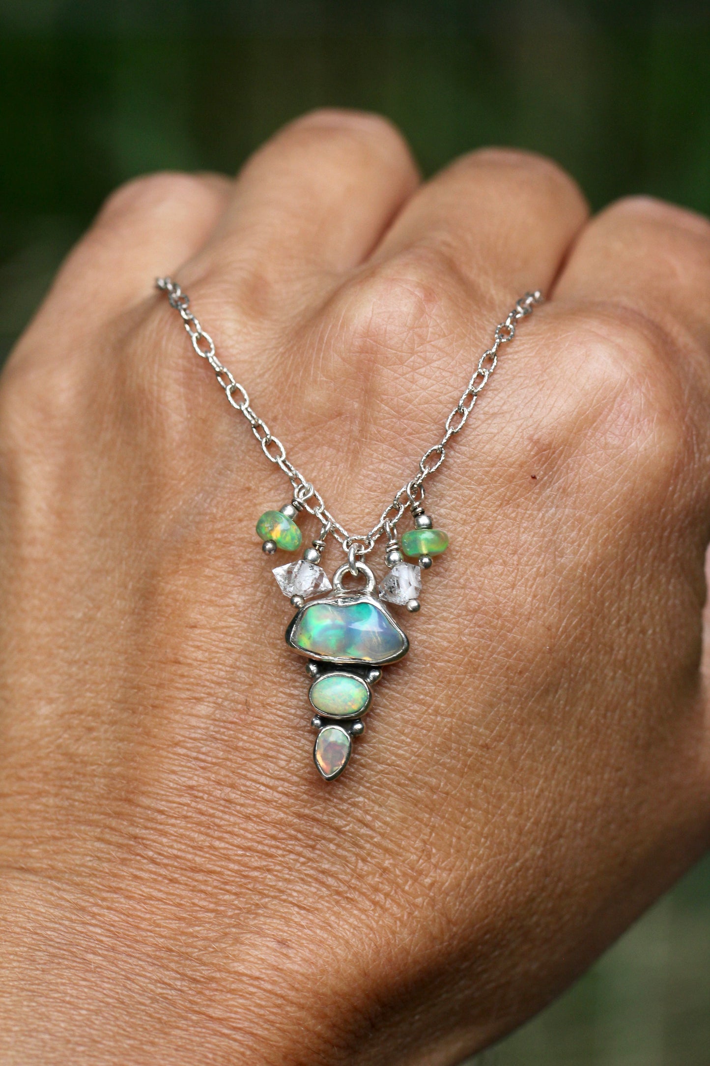 Ethiopian Opal Herkimer Diamond Droplet Silver Necklace