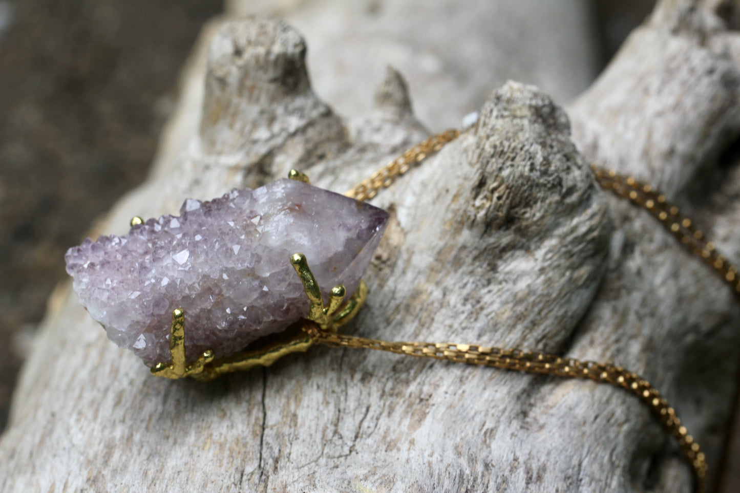 Cactus Amethyst Crystal Brass Necklace