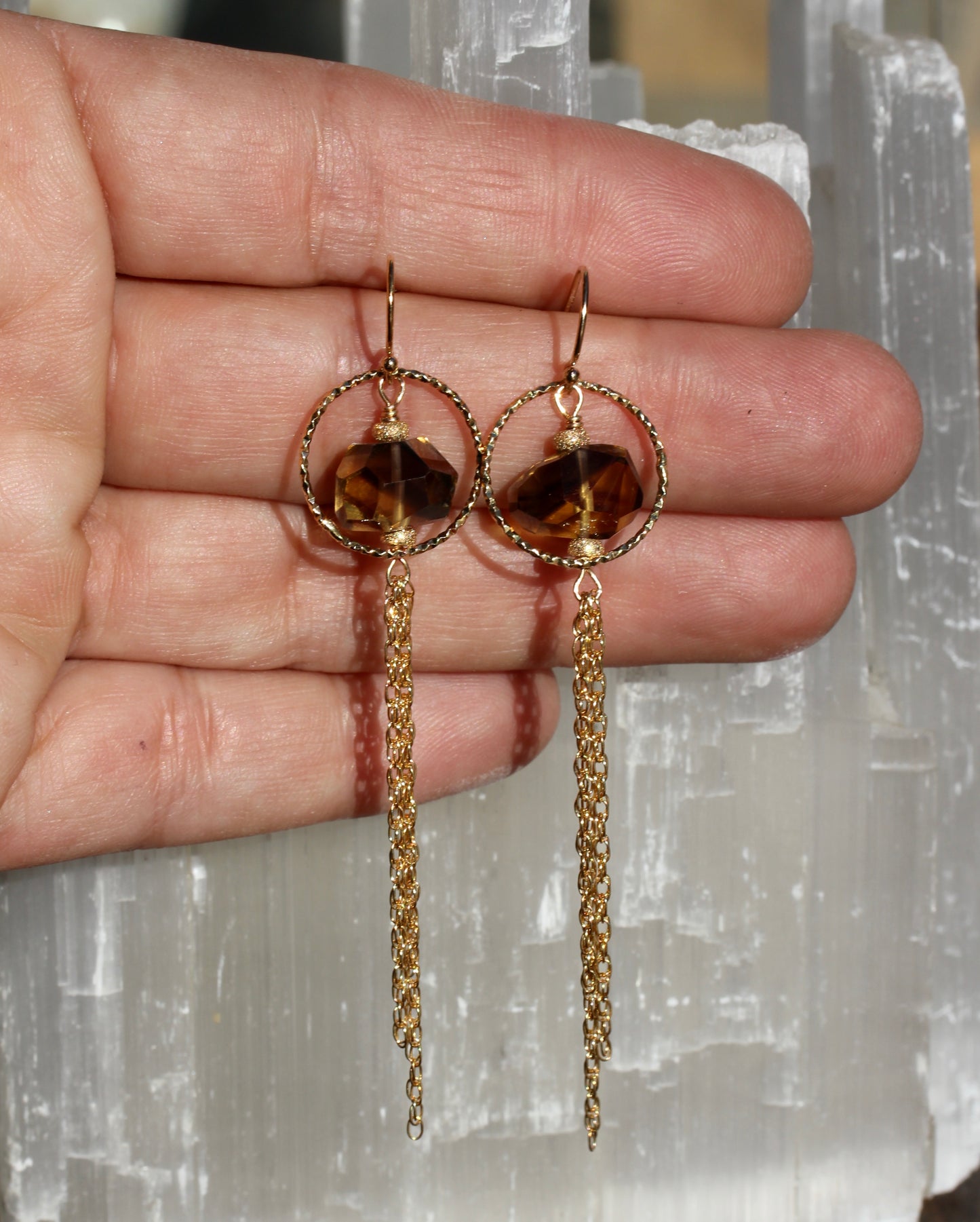 Whisky Quartz Nugget Gold Chain Tassel Earrings