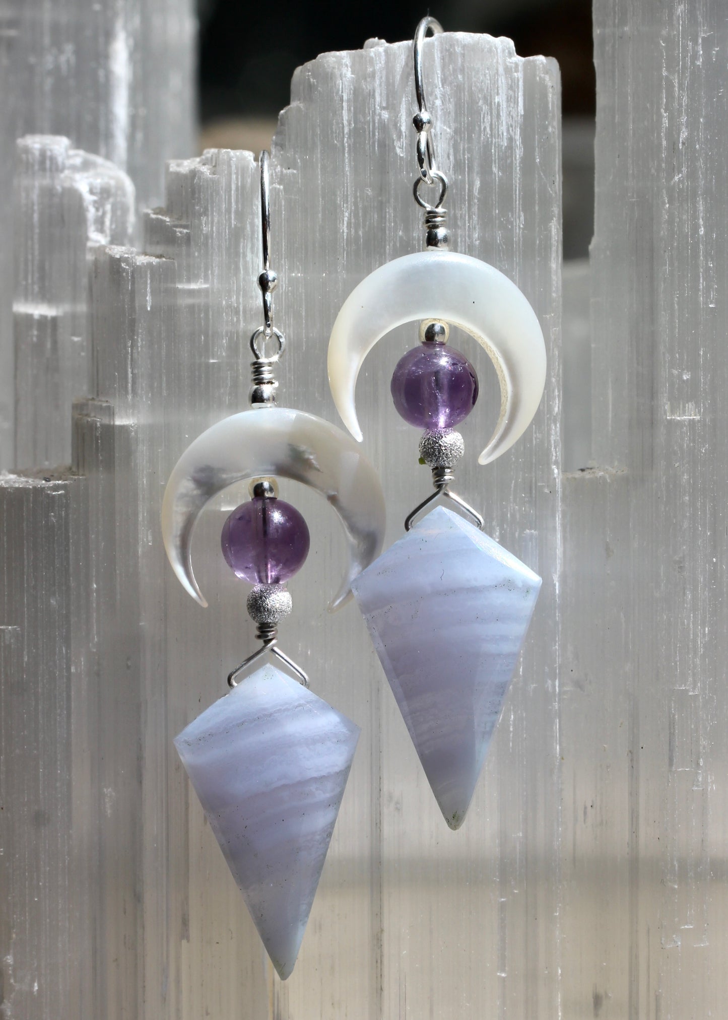 Blue Lace Agate Mother of Pearl Amethyst Crescent Moon Earrings