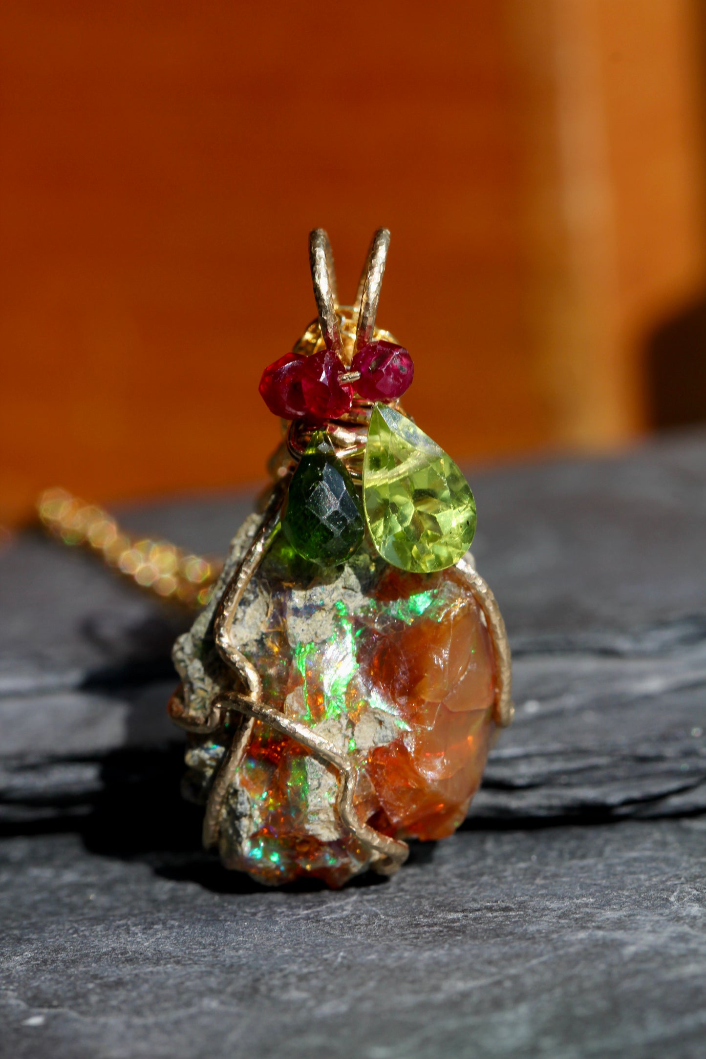 Rough Opal with Diopside, Peridot and Ruby Pendant